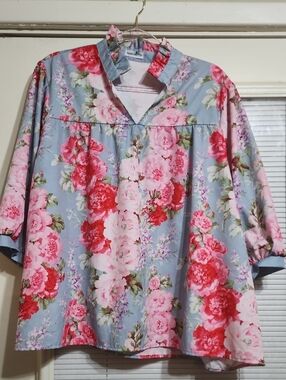CHERRY BETTY Floral Peasant Blouse in Pink & Blue